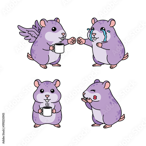 Cartoon hamsters sharing coffee and having fun together with emotions
