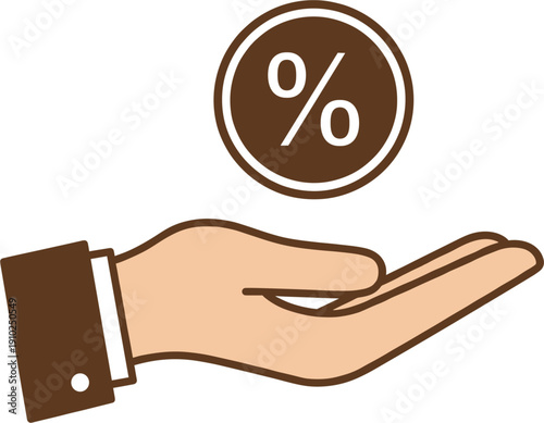 Business hand holding percentage coin icon vector illustration for financial growth discount offers banking services interest rates and investment savings marketing concepts.