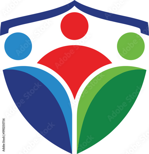 Family and community protection shield vector illustration representing group insurance social security healthcare services and cooperative safety for diverse people groups.