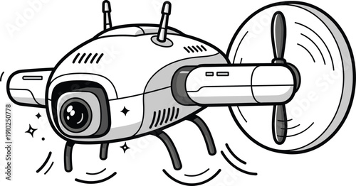 Modern Drone with Camera Lens and Spinning Propeller Vector Illustration for Technology, Surveillance, Aerial Photography, Delivery, and Innovation Concepts