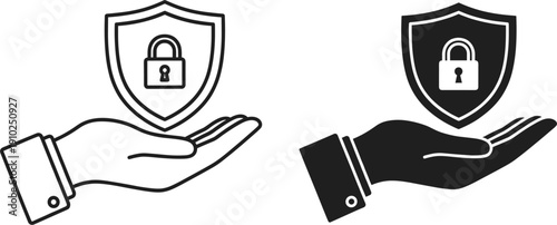 Hand holding shield icon with padlock for data protection security insurance privacy and safety concepts in outline and solid black vector styles.