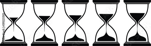 Set of black hourglass icons showing different stages of sand flow for time management deadline tracking and productivity concepts vector illustration.