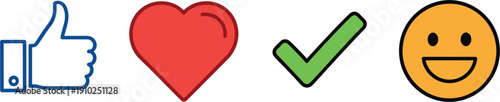 Set of social media interaction icons featuring thumbs up heart checkmark and smiley face for digital marketing feedback and user engagement vector illustration.
