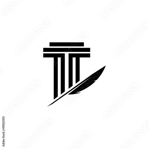 law firm judicial column pillar logo with ancient feather pen in flat design style