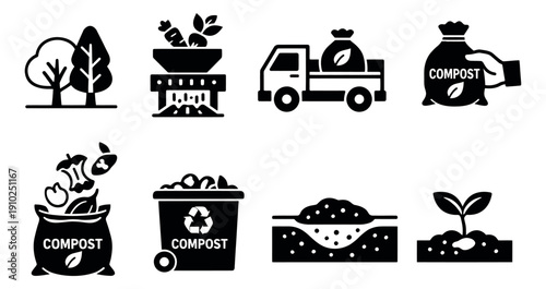 Glyph style composting process set featuring organic waste collection, soil enrichment, and plant growth for environmental sustainability