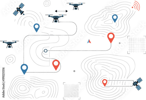 Modern Topographic Map with Drone Surveillance Technology, Satellite GPS Tracking, Location Pins, and Data Navigation Paths for Logistics and High Tech Monitoring Concepts