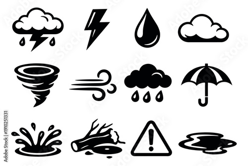 Solid black weather and natural disaster icon set featuring various elements for forecasts and warnings