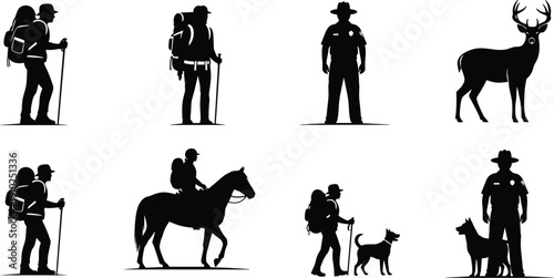 Black Silhouette Vector Set Featuring Backpacking Hikers Park Rangers with K9 Dogs Equestrian Horse Rider and Wild Deer Standing Isolated on White Background for Design
