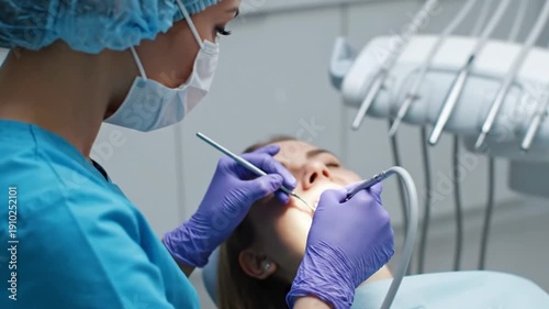 Caring dental hygienist modern clinic performs check-up showcasing professionalism healthcare Oral hygiene dental care medical services