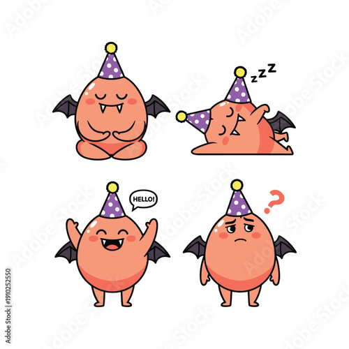 Cute cartoon character in party hat expressing different emotions with copy space