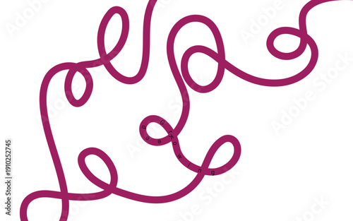 A maroon colored abstract line art piece with swirling loops on a white background