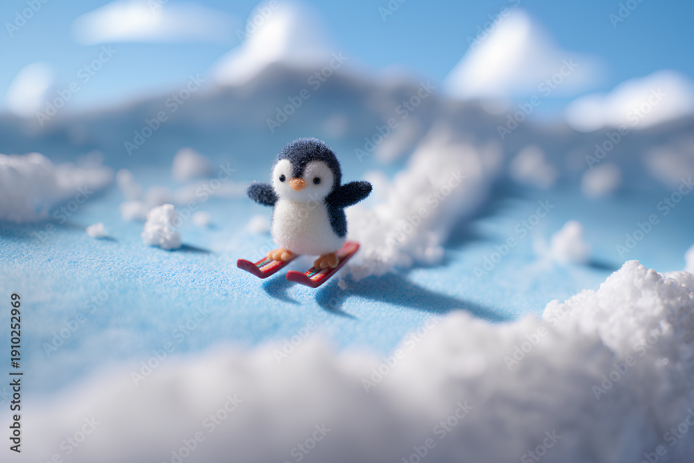 Obraz premium 冬のスポーツを楽しむペンギンくんのスキー風景 