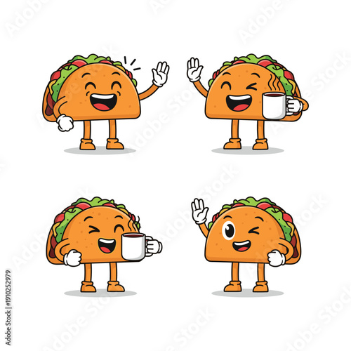 Cartoon taco character drinking coffee with various gestures