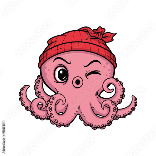 Cute cartoon octopus wearing red beanie hat with winking expression