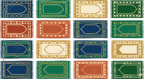 variety of islamic prayer rugs in different colors patterns and sizes with tasseled edges