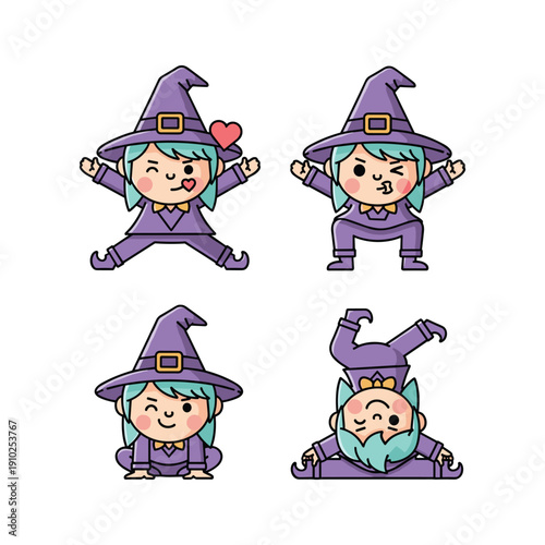 Cartoon wizard set in different yoga poses with purple robes and hat on white background