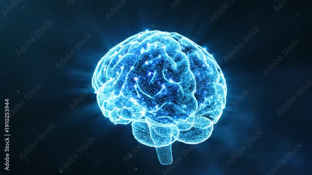 Digital representation of a human brain glowing with neural network ...