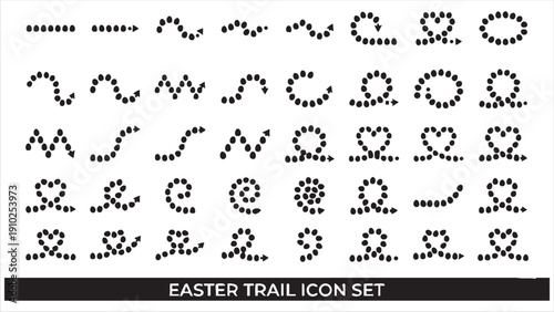 Easter trail icon set, collection of decorative dotted lines and arrows forming various shapes and patterns