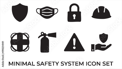 Minimal safety system icon set featuring protection gear and emergency equipment