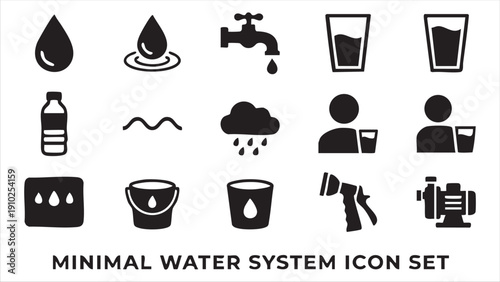 Minimal water system icon set showing drops faucet cloud rain bottle bucket and pump