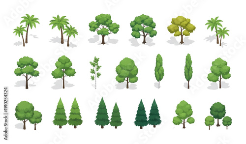 Title 1
Large isometric tree set with palm and deciduous green trees featuring soft shadows for architectural visualization and landscape design projects