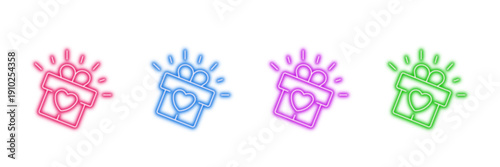 Neon glowing gift box with heart vector icons set, present, love, surprise, celebration, festive, vibrant colorful digital design illustration.