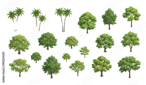 Title 2
Realistic isometric palm and deciduous tree collection with dimensional foliage and soft shadows for architectural rendering