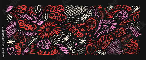 Whimsical girly pen doodles. Hand-drawn ink brush pen scribbles set. Abstract urban street wall graphics with spontaneous strokes, chaotic marks, expressive squiggles. Rough zigzag vector red element.
