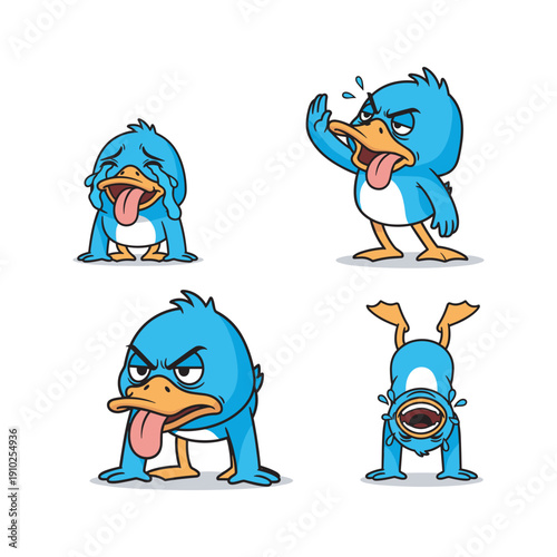Cartoon blue bird expressing different emotions and reactions with comical gestures