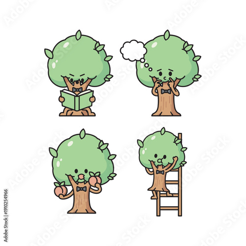 Cartoon tree character reading and exercising in different poses with copy space