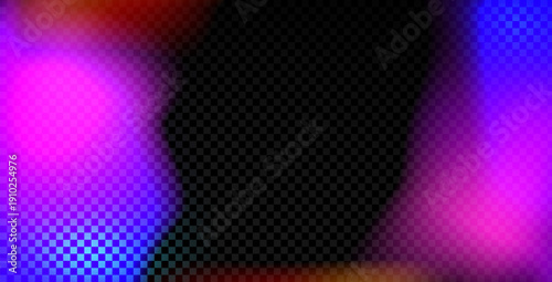 Neon film light leaks distressed texture. Retro photo magenta, purple burn effect. Movie fuchsia filter overlay frame. Neon sharp disco border with scratch stripes. Vector bright decor for photo.