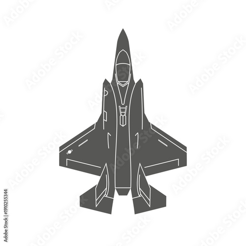 Drawing united states modern combat aeroplane F35. Black and white illustration against a plain background. Vector illustration.