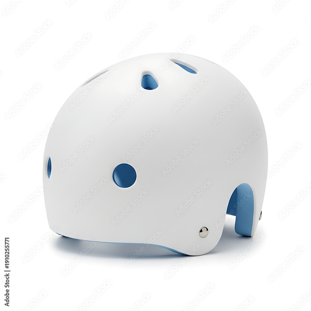 Fototapeta premium A white and blue helmet viewed from the back against a plain white background