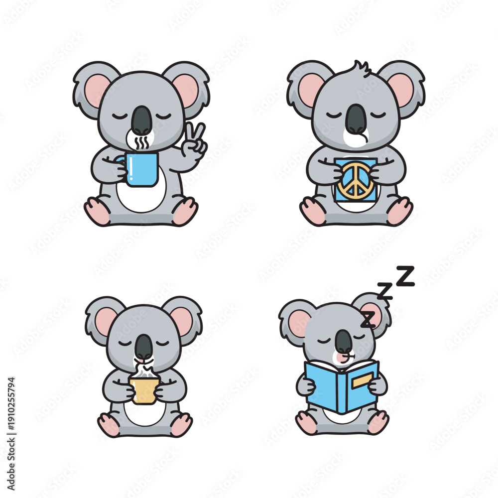 Obraz premium Cute cartoon koalas relaxing with drinks and books in various poses