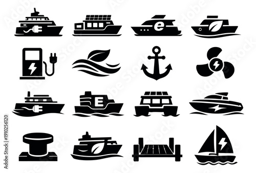 Modern icon electric marine transport set featuring eco-friendly boats, charging stations, and nautical elements for sustainable water transportation