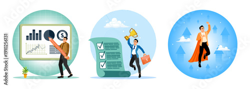 Entrepreneurs hold presentations, complete work, develop performance towards success.