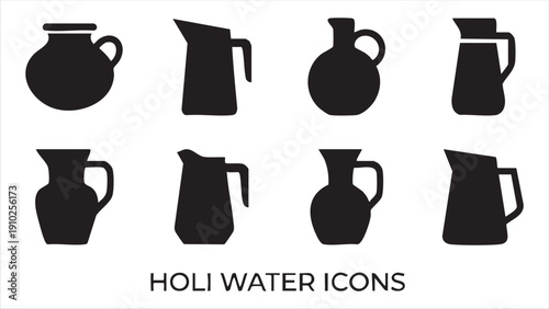 Holi water icons featuring silhouette shapes of jugs pitchers and traditional pots for liquids