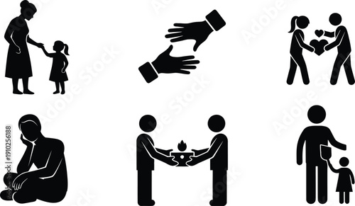 A collection of six icons showing diverse human interactions and feelings