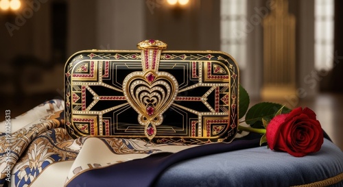 Exquisite clutch and rose: A close-up of an elegant, bejeweled clutch lies beside a single, vibrant red rose on a luxurious fabric, creating a scene of refined beauty and sophistication.
