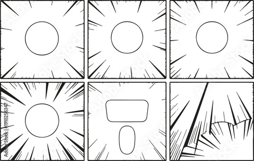 A black and white comic book panel layout template with 6 rectangular panels arranged in a 2x3 grid. 