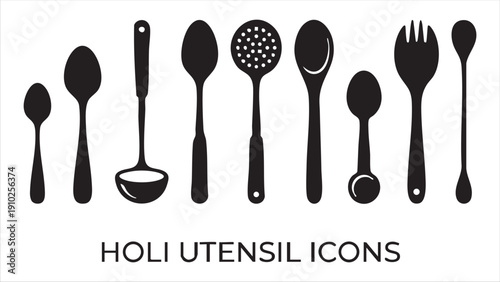 Holi utensil icons set featuring black silhouettes of various kitchen spoons and forks for cooking and dining