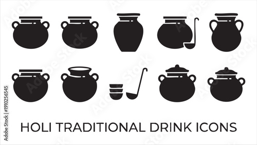 Holi traditional drink icons urns pots ladle cups Indian festival ancient celebration vessels