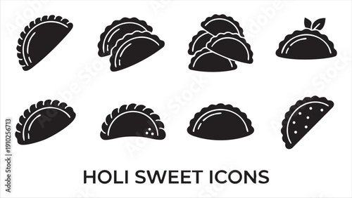 Holi sweet icons collection traditional indian festival food dessert flat black silhouette set