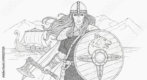 Coloring page for children - a picture of a Viking warrior woman with long hair and chain mail, holding a shield and an axe near a ship