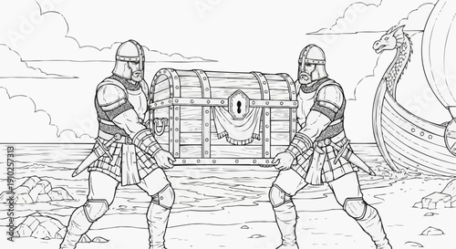 Coloring page for children - Two warriors in helmets carefully carry a treasure chest