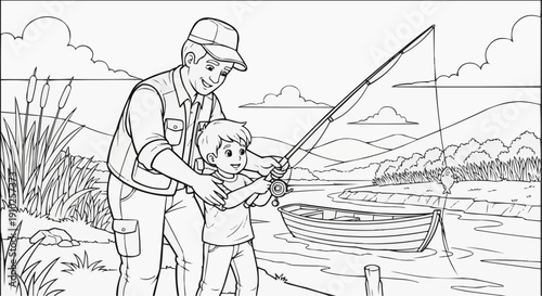 Coloring page for children - a father teaching his son to fish by the lake