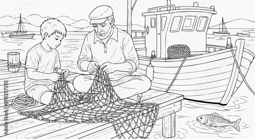 Coloring page for children - Grandfather and grandson repairing fishing nets together on the boat dock
