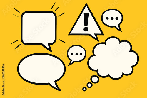Speech bubbles representing communication and thoughts in various shapes.