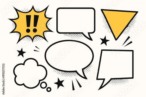 Comic book speech bubbles and exclamation mark illustration set for design.