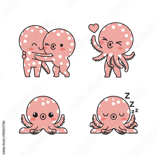 Cute cartoon octopuses showing love and sleep on white background